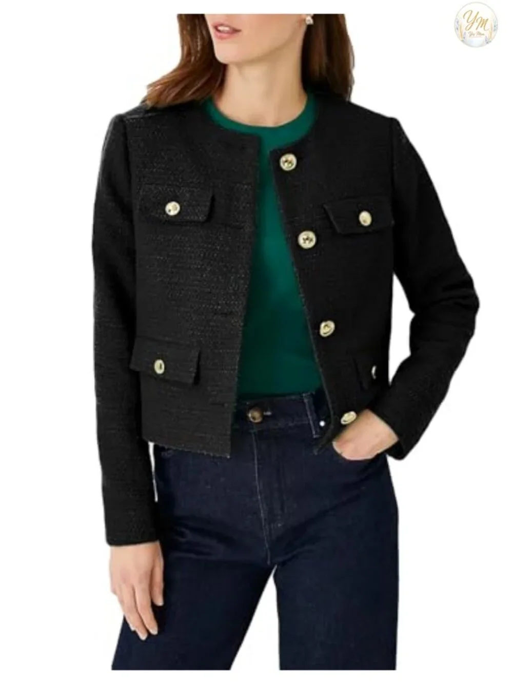Cropped Tweed Blazer Jacket for Women Elegant Collarless Business Casual Outfit